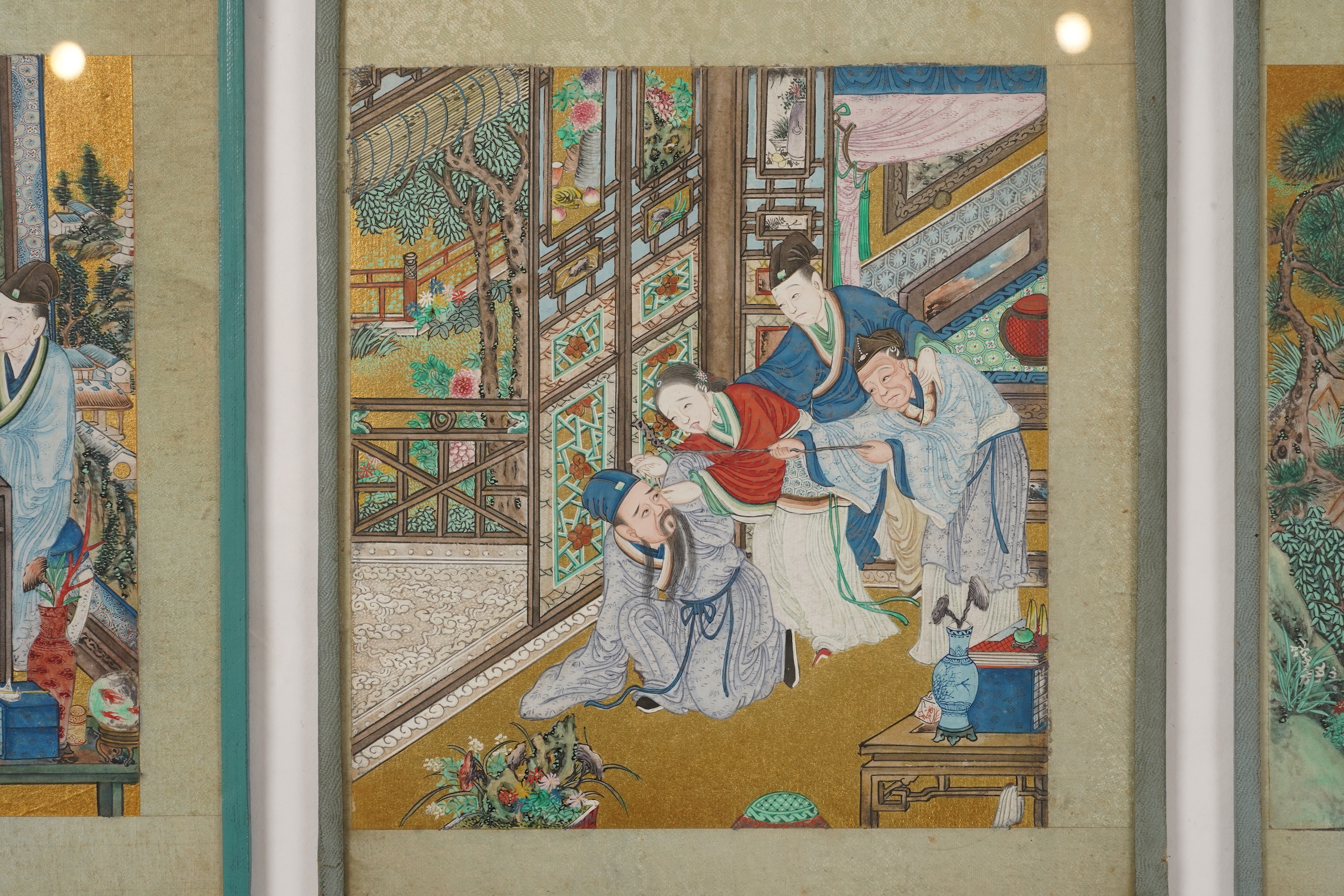 Chinese School , (19th century), Scenes from Qing court, Six gouache paintings from an album, Image 18cm x 16.5cm
